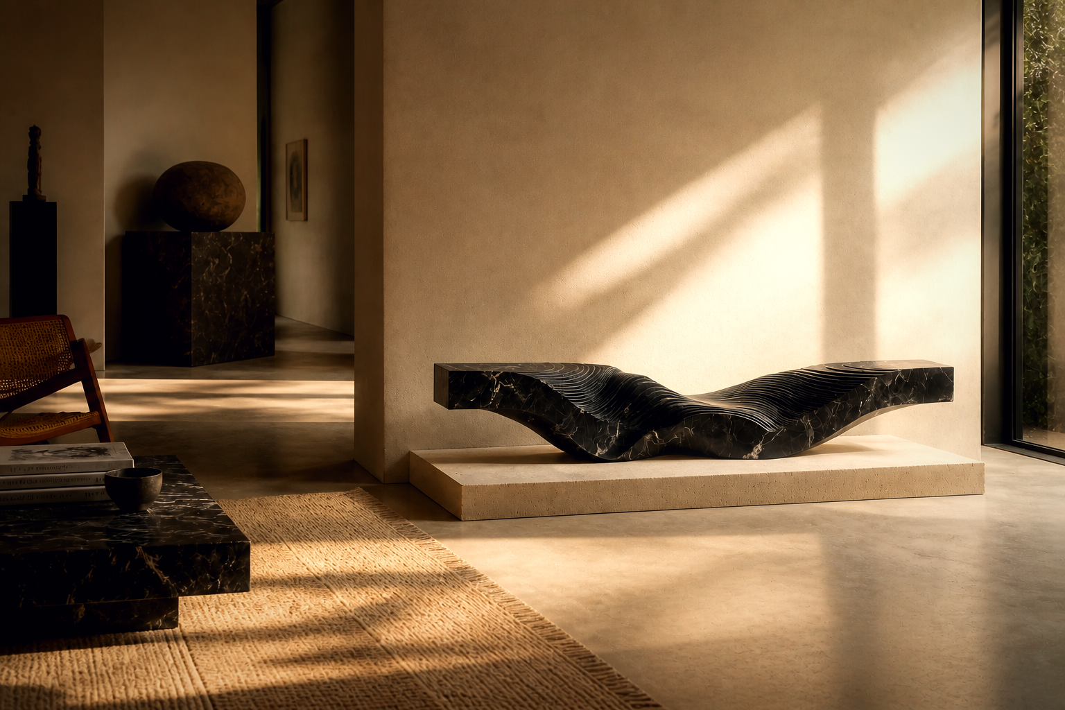 Scheat — Nero Marquina marble on travertine sculpture by 1-OPH