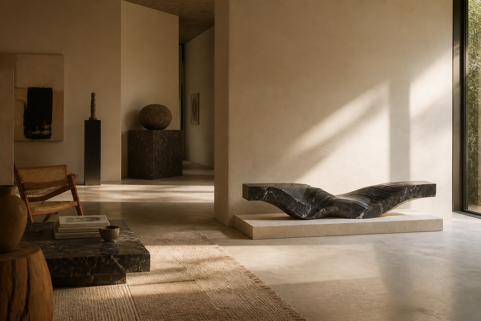 Scheat — Nero Marquina marble on travertine sculpture by 1-OPH