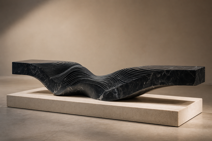 Scheat — Nero Marquina marble on travertine sculpture by 1-OPH