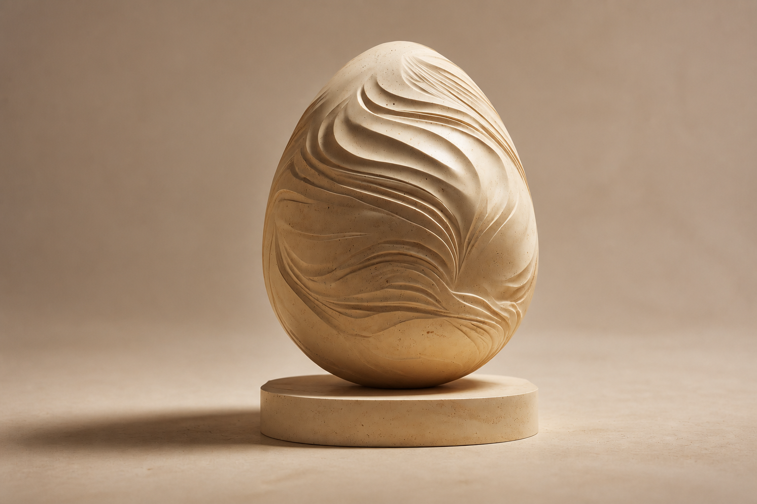Initia — Limestone egg sculpture by 1-OPH