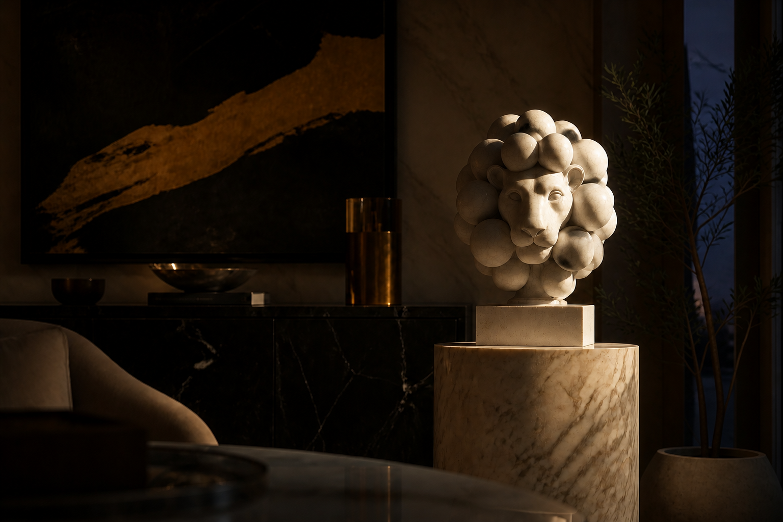 Igapo — Marble on travertine sculpture by 1-OPH