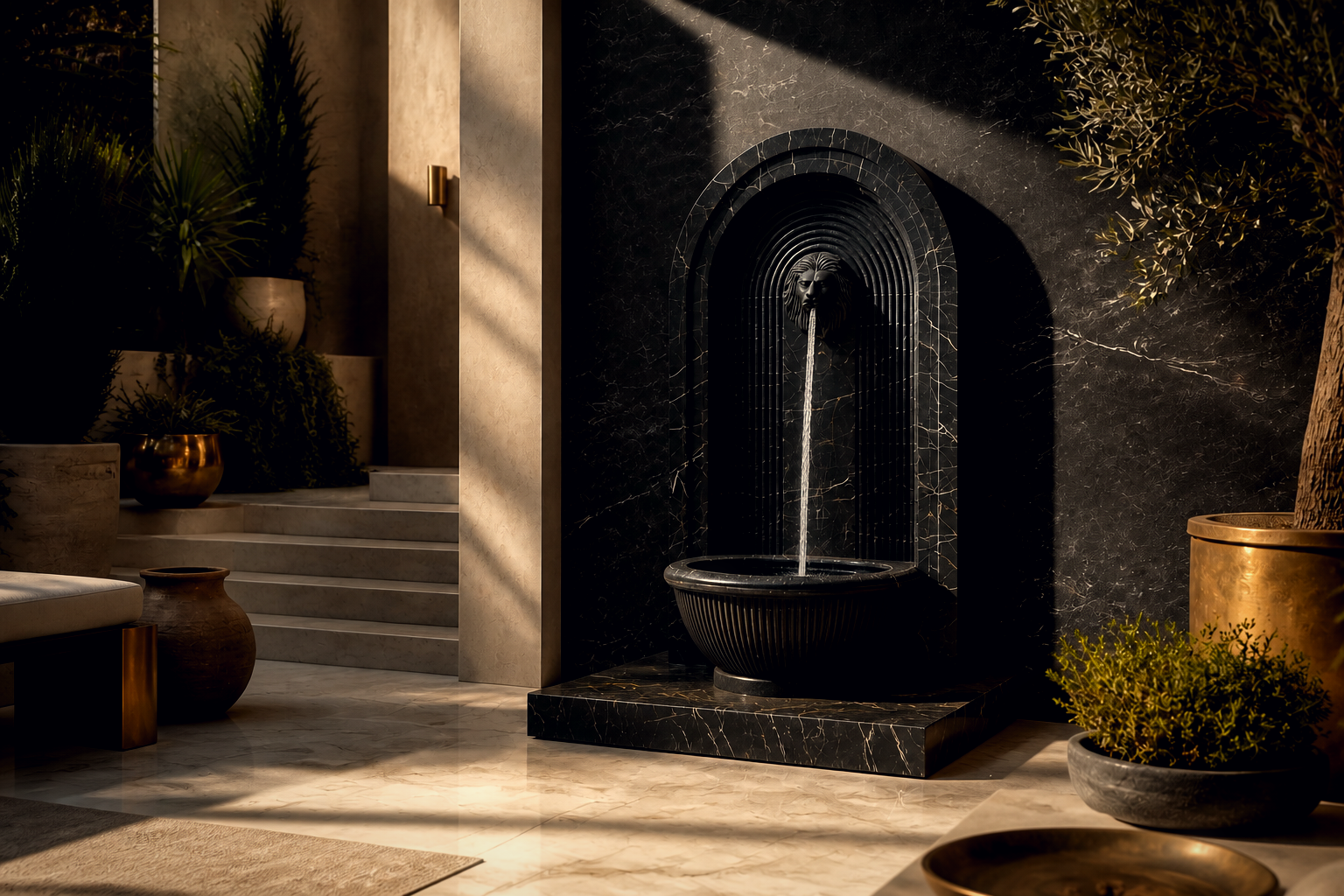 Tsuyu — nero marquina marble wall fountain by 1-OPH