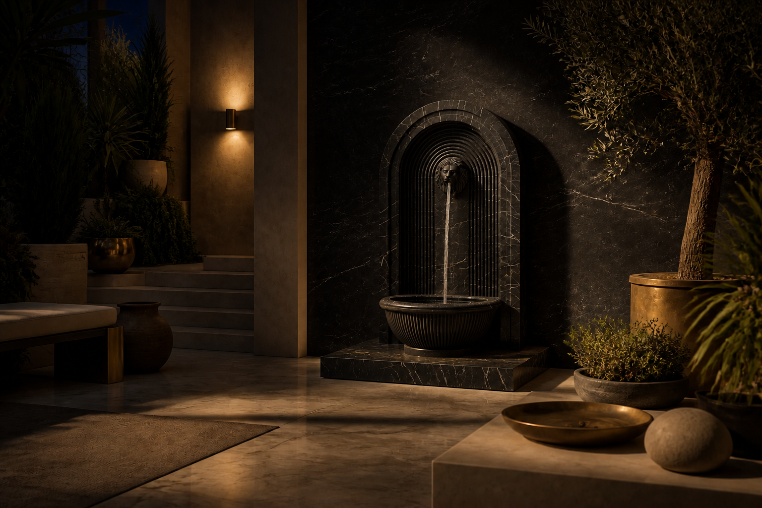 Tsuyu — nero marquina marble wall fountain by 1-OPH