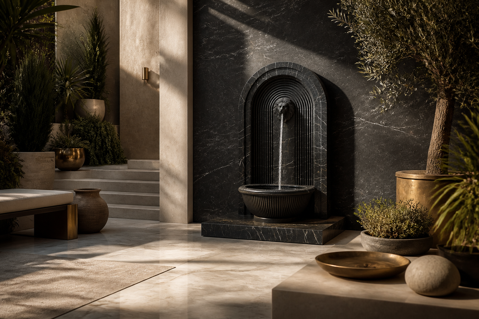 Tsuyu — nero marquina marble wall fountain by 1-OPH