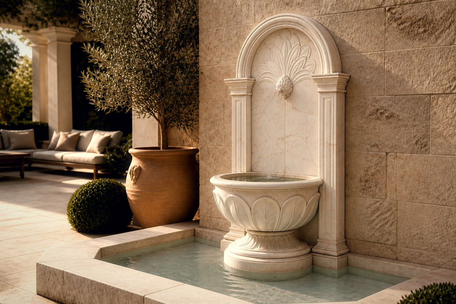 Raheeq — white marble wall fountain by 1-OPH