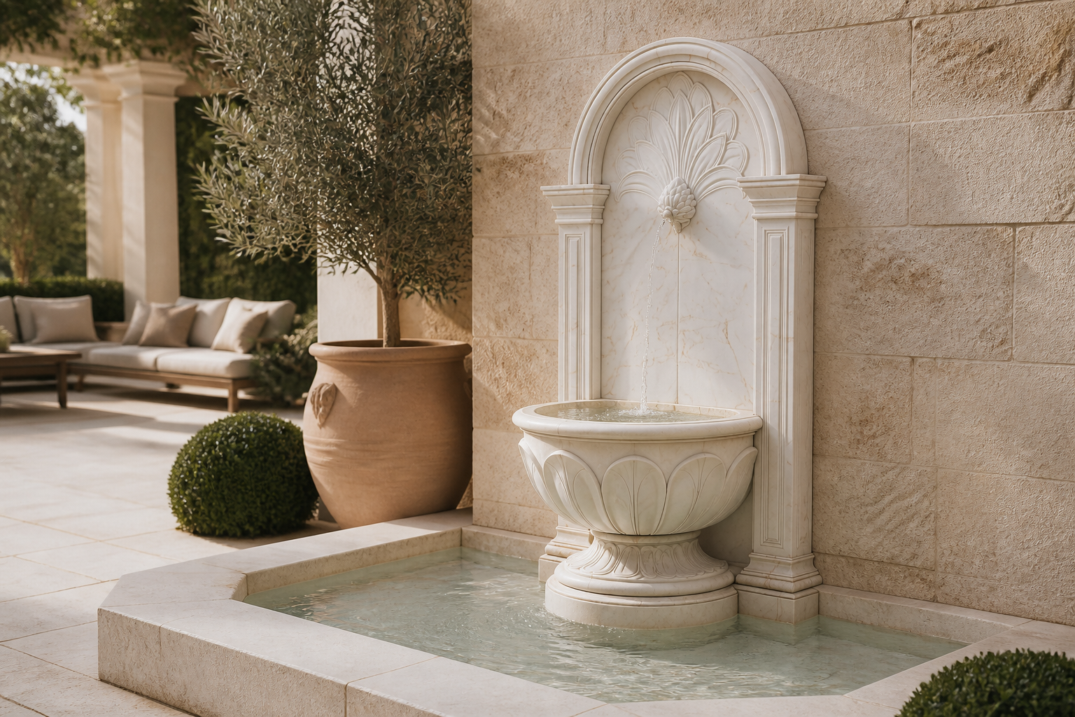 Raheeq — white marble wall fountain by 1-OPH
