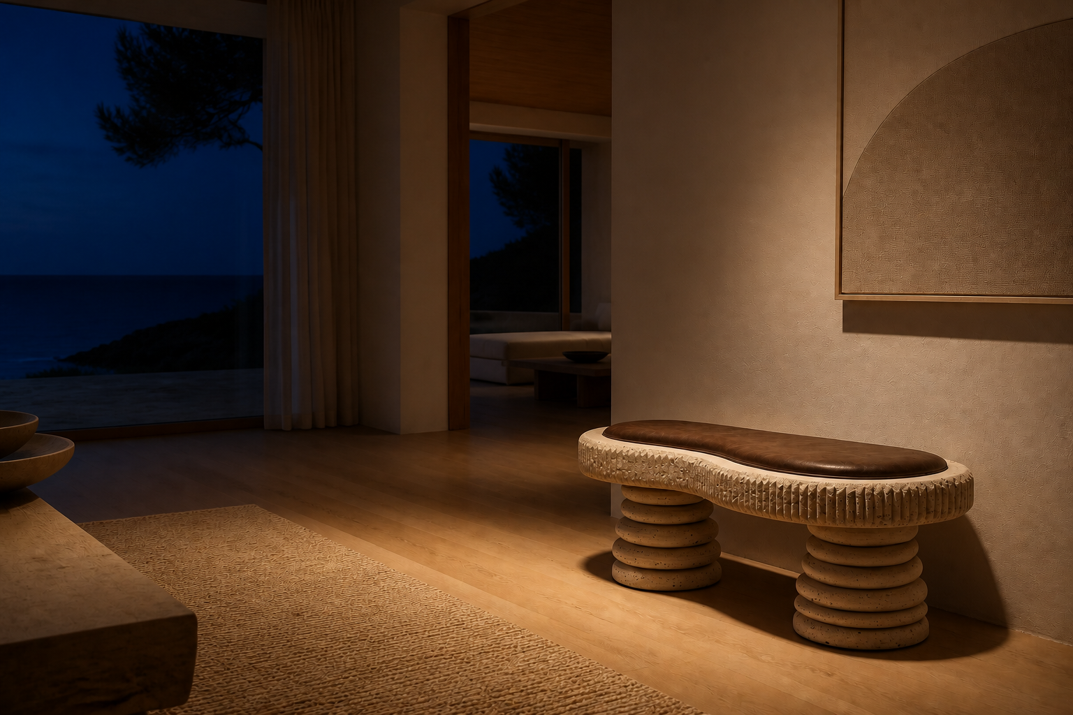 Sereda — travertine sculptural bench by 1-OPH
