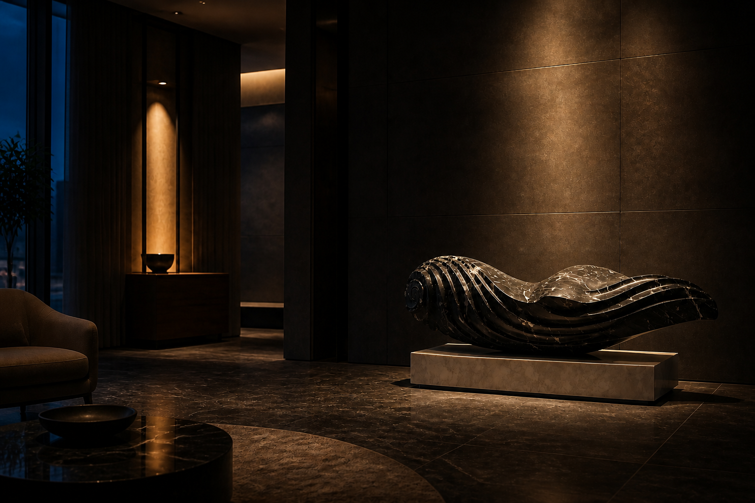 Albali — Nero Marquina marble on white marble sculpture by 1-OPH