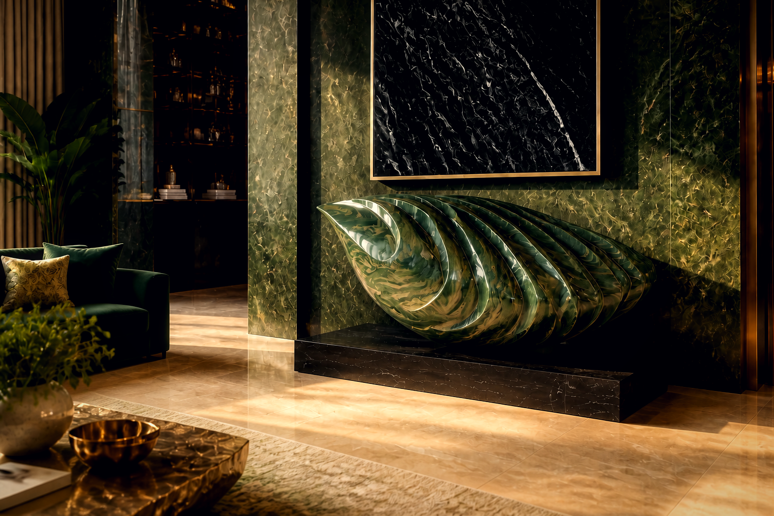 Nashra — Green marble on Nero Marquina marble sculpture by 1-OPH