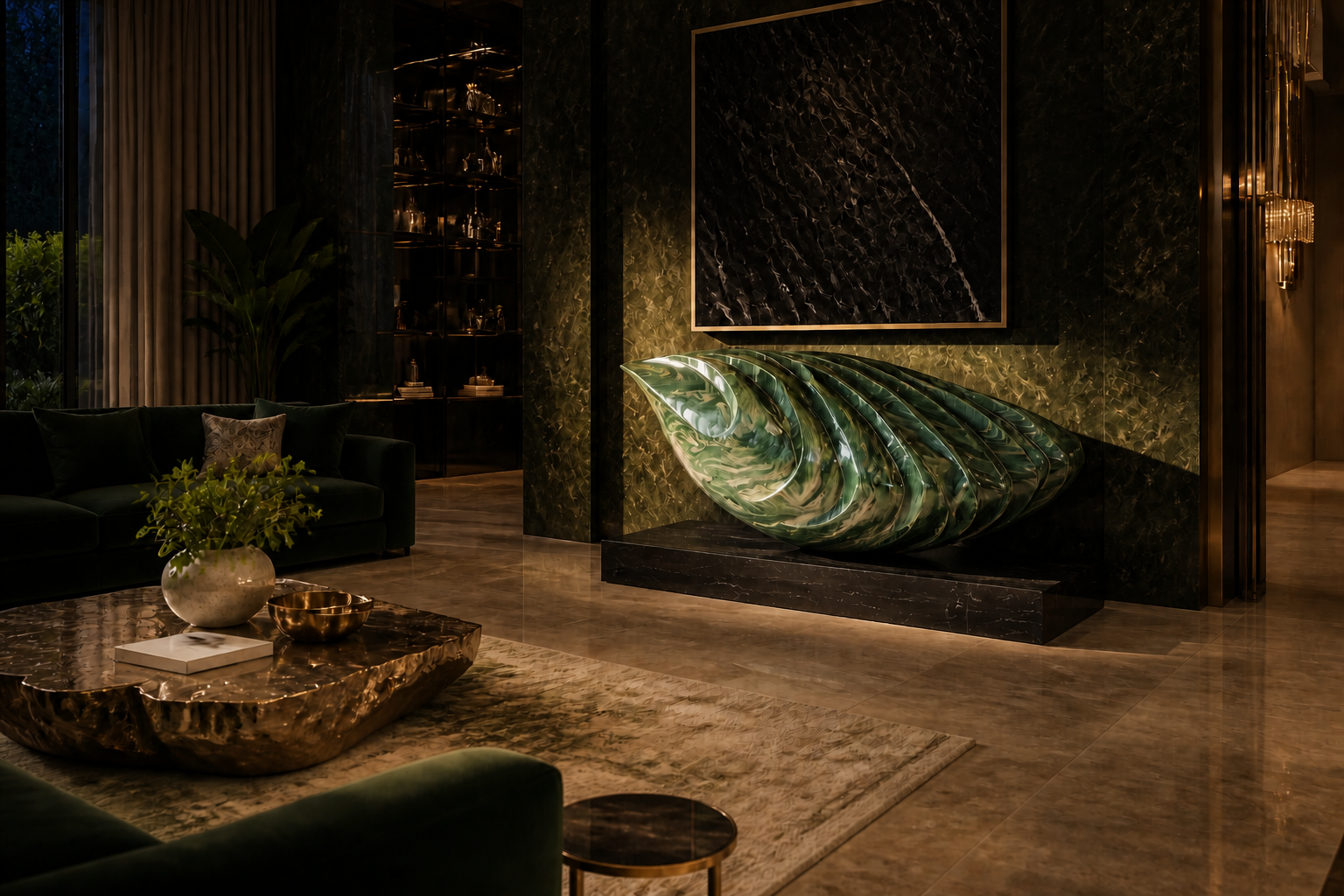 Nashra — Green marble on Nero Marquina marble sculpture by 1-OPH