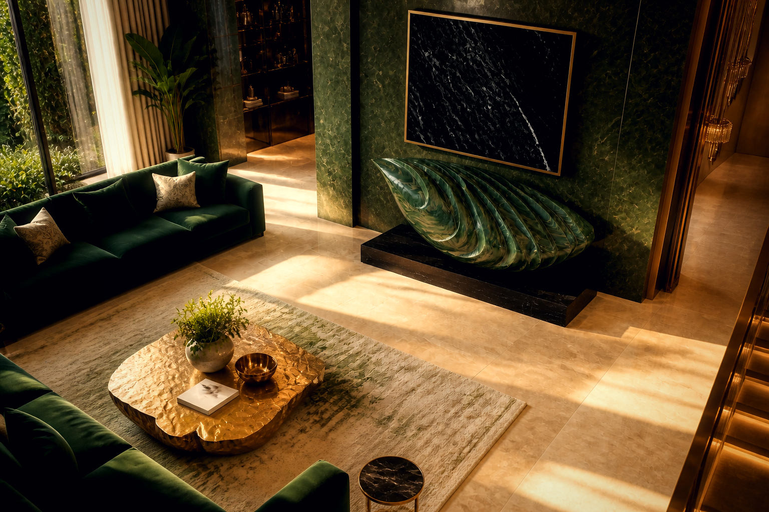 Nashra — Green marble on Nero Marquina marble sculpture by 1-OPH