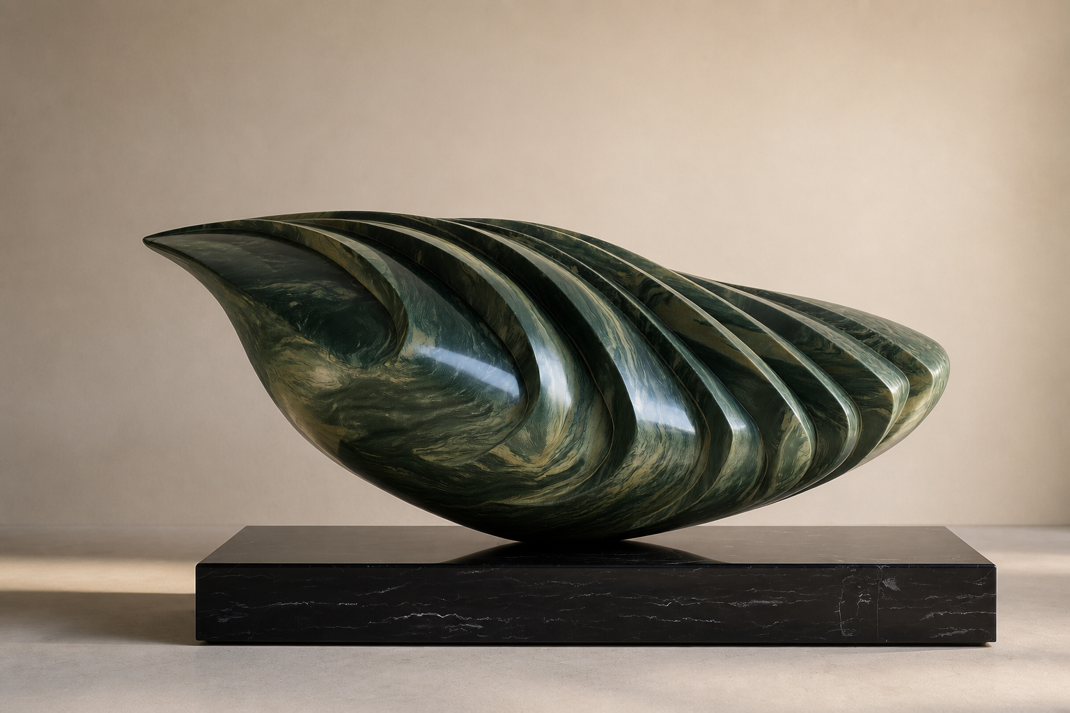 Nashra — Green marble on Nero Marquina marble sculpture by 1-OPH