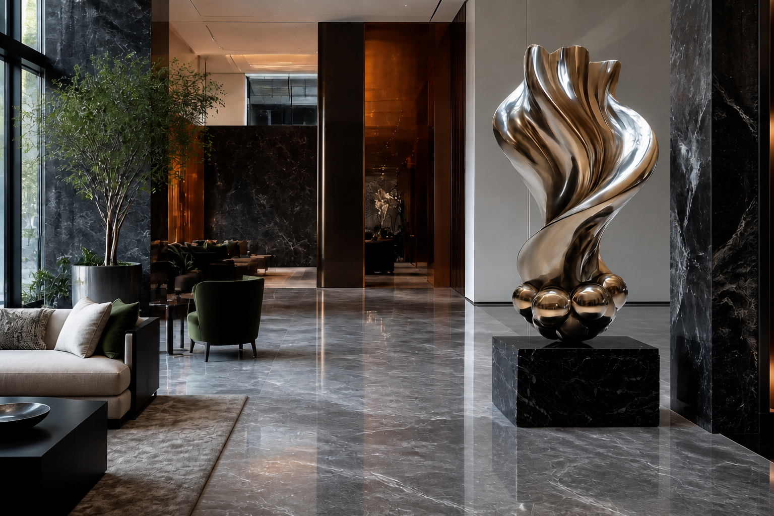Rukbat — Stainless steel on Nero Marquina marble sculpture by 1-OPH