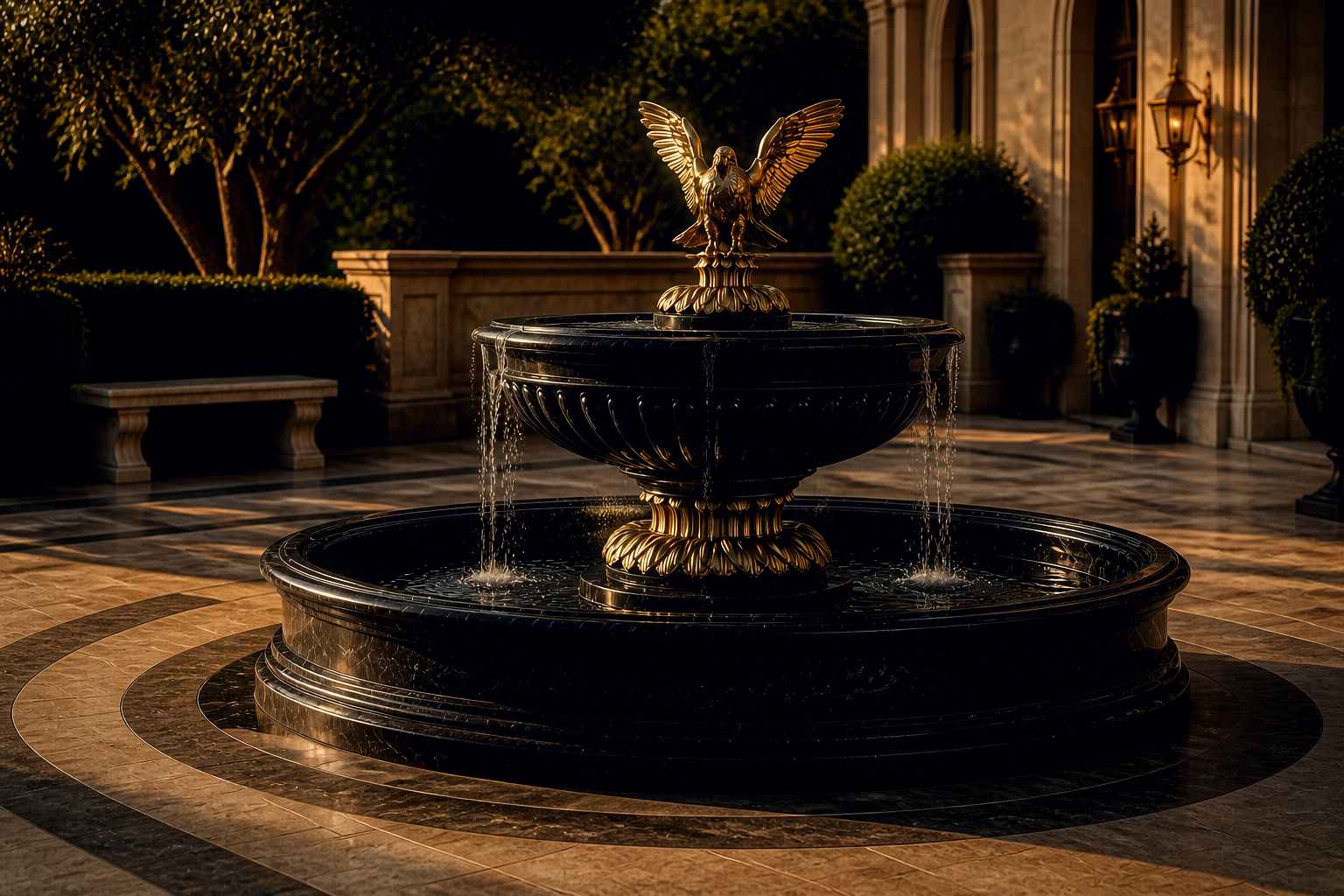 Scala black marble tiered fountain by 1-OPH, in a Dubai courtyard setting