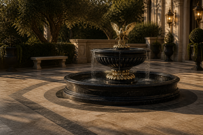 Scala black marble tiered fountain by 1-OPH, in a Dubai courtyard setting