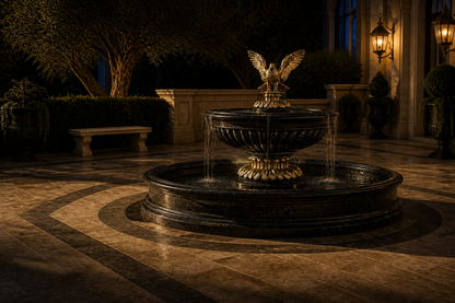 Scala black marble tiered fountain by 1-OPH, in a Dubai courtyard setting