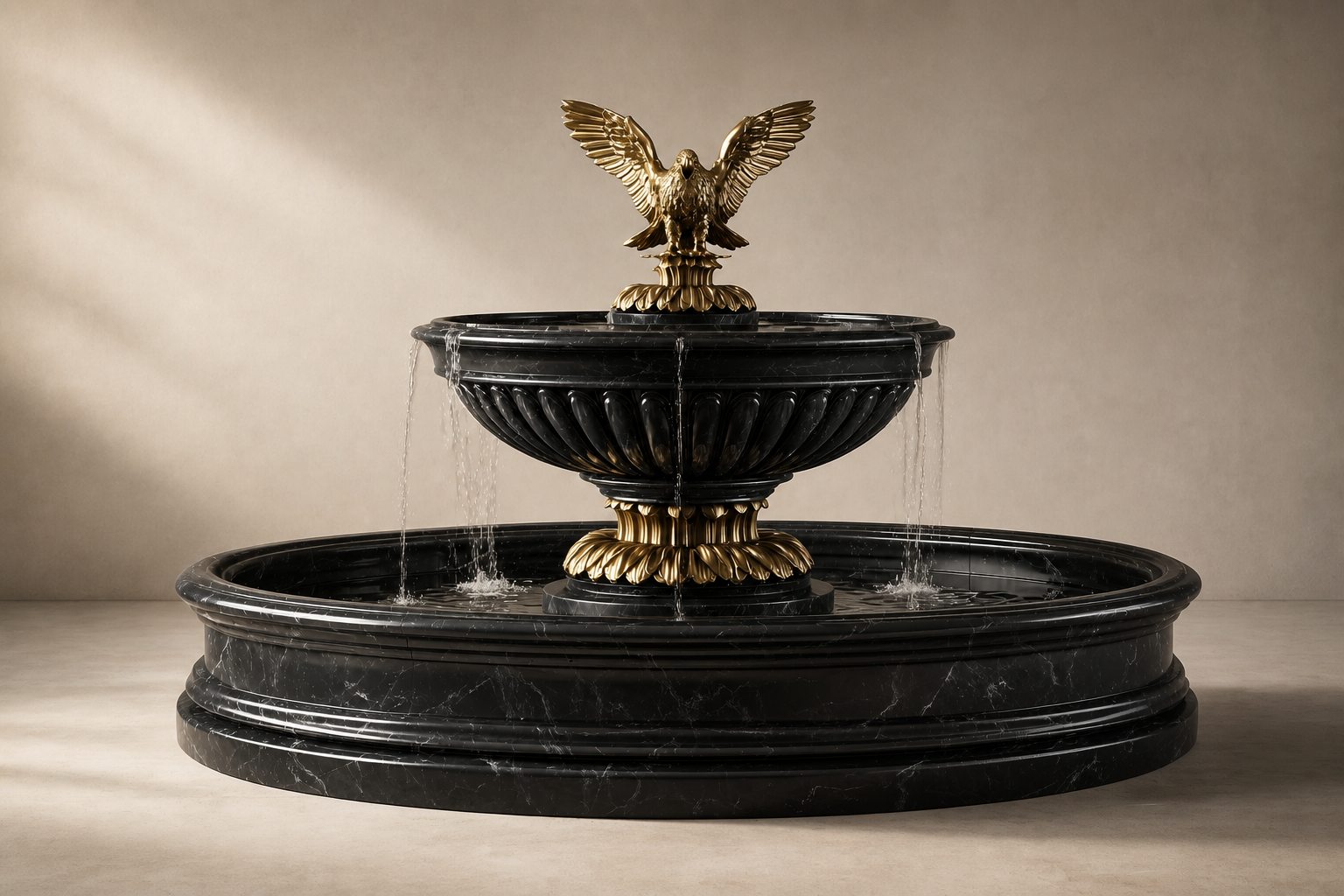 Scala black marble tiered fountain by 1-OPH, studio view