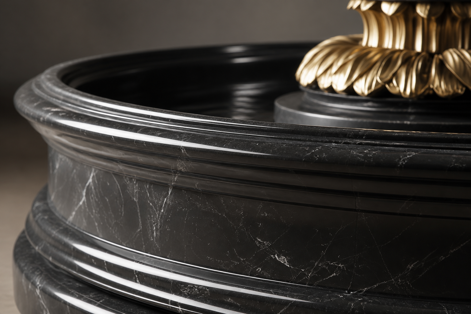 Scala black marble tiered fountain by 1-OPH, studio view