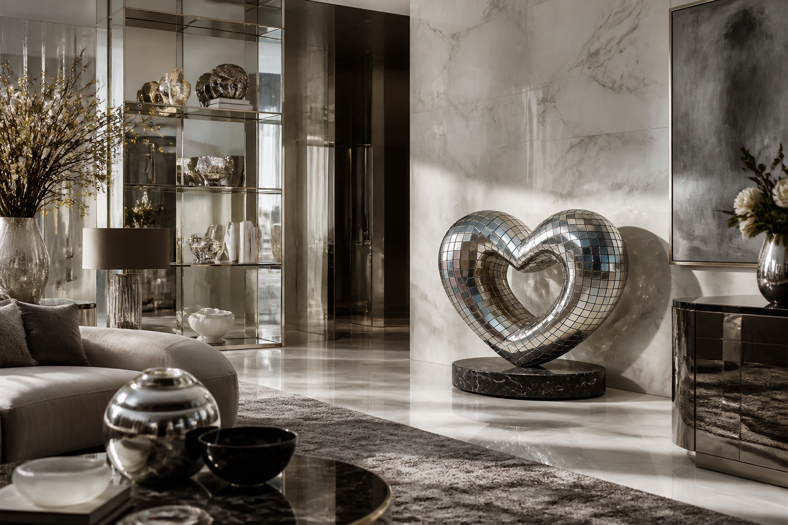 Sheliak — Brass and steel mosaic on Nero Marquina marble sculpture by 1-OPH