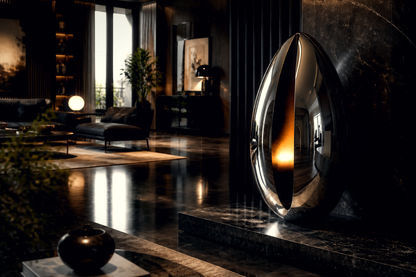 Aladfar — Black-chromed steel sculpture by 1-OPH
