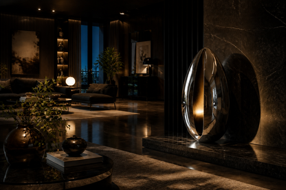 Aladfar — Black-chromed steel sculpture by 1-OPH