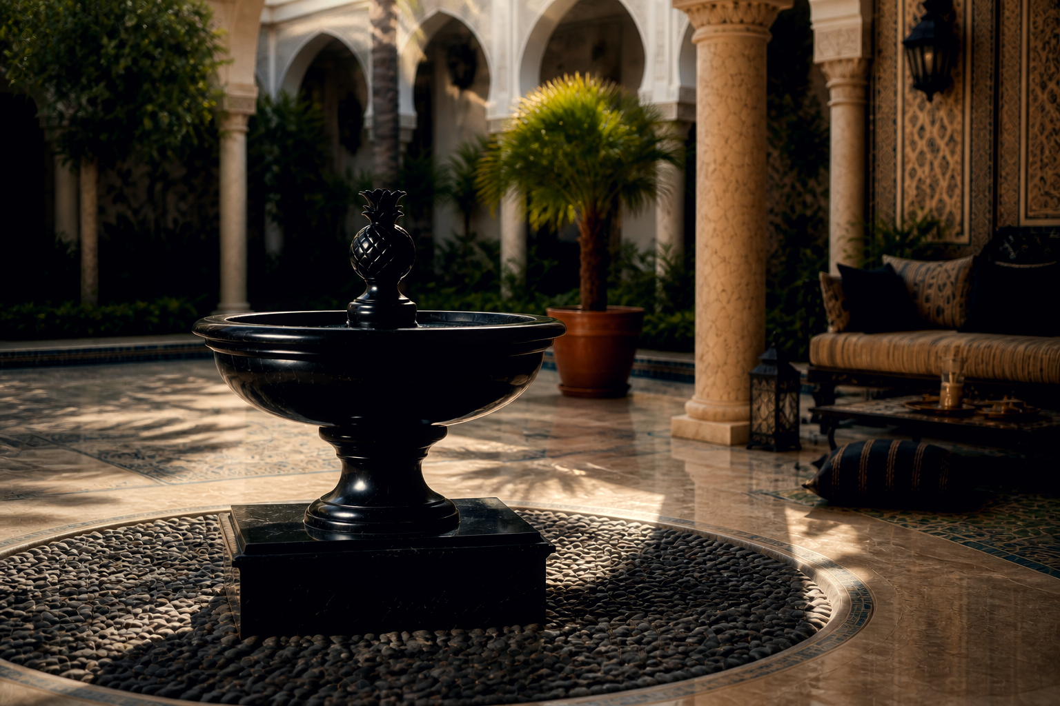 Terrazza black marble tiered fountain by 1-OPH, in a Dubai courtyard setting