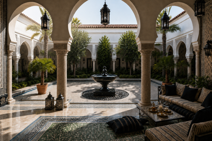 Terrazza black marble tiered fountain by 1-OPH, in a Dubai courtyard setting