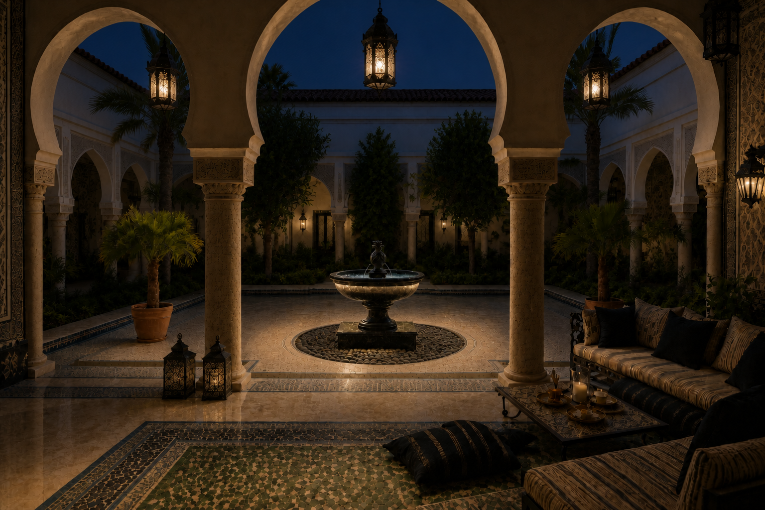 Terrazza black marble tiered fountain by 1-OPH, in a Dubai courtyard setting