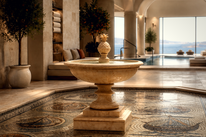 Cortile travertine tiered fountain by 1-OPH, in a Dubai courtyard setting