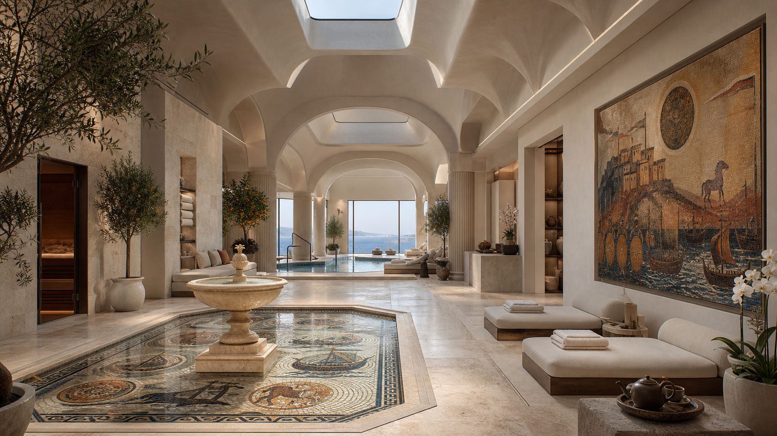 Cortile travertine tiered fountain by 1-OPH, in a Dubai courtyard setting