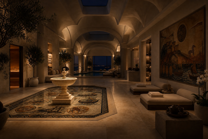 Cortile travertine tiered fountain by 1-OPH, in a Dubai courtyard setting
