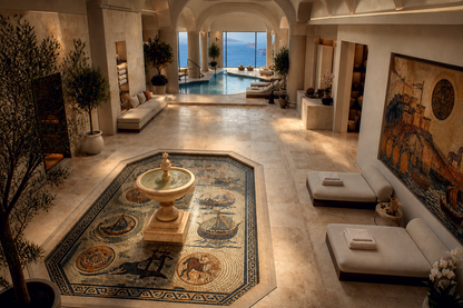 Cortile travertine tiered fountain by 1-OPH, in a Dubai courtyard setting