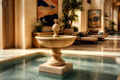 Ravello cream stone tiered fountain by 1-OPH, in a Dubai courtyard setting