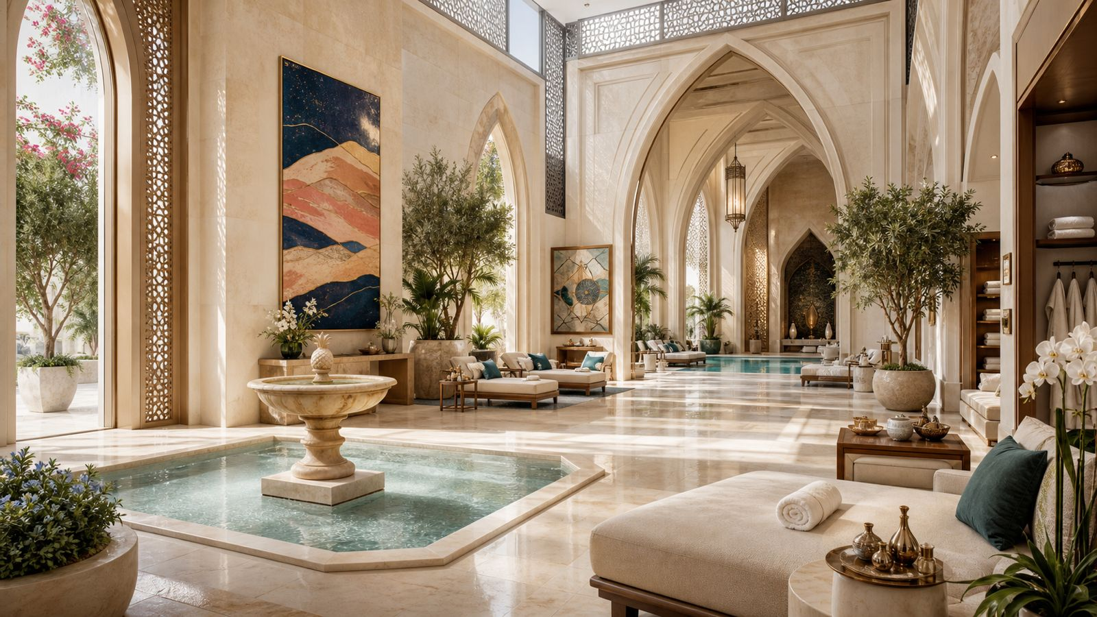 Ravello cream stone tiered fountain by 1-OPH, in a Dubai courtyard setting