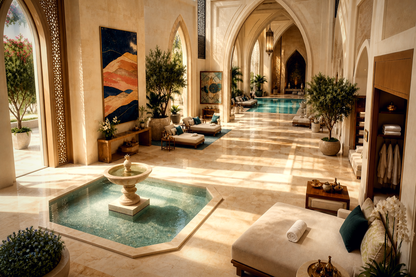 Ravello cream stone tiered fountain by 1-OPH, in a Dubai courtyard setting