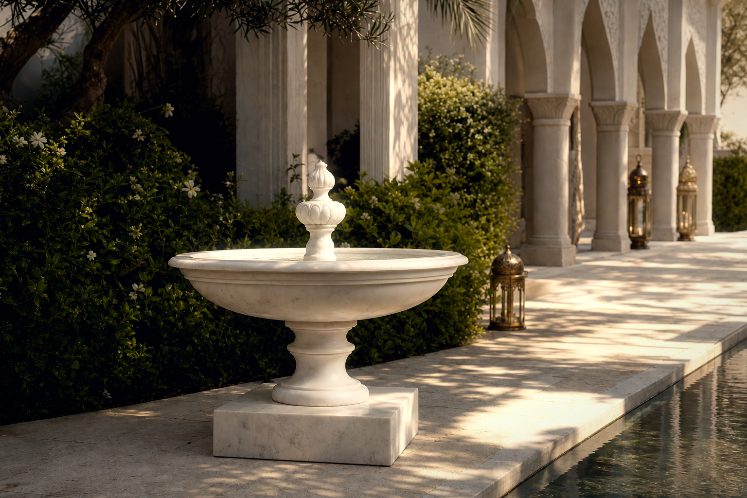 Caserta white marble tiered fountain by 1-OPH, in a Dubai courtyard setting