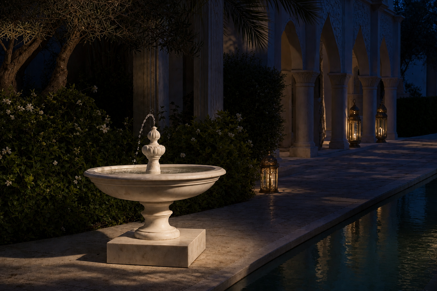 Caserta white marble tiered fountain by 1-OPH, in a Dubai courtyard setting