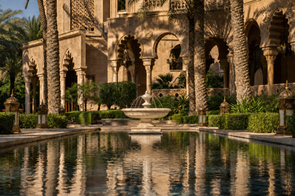 Nemi cream stone tiered fountain by 1-OPH, in a Dubai courtyard setting