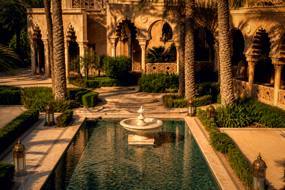 Nemi cream stone tiered fountain by 1-OPH, in a Dubai courtyard setting