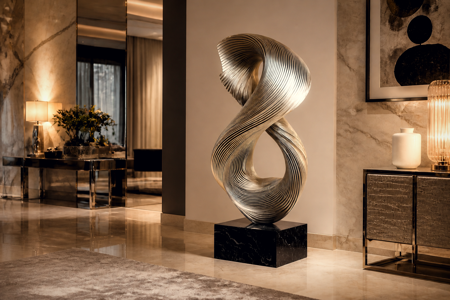 Tarazed — Stainless steel on Nero Marquina marble sculpture by 1-OPH