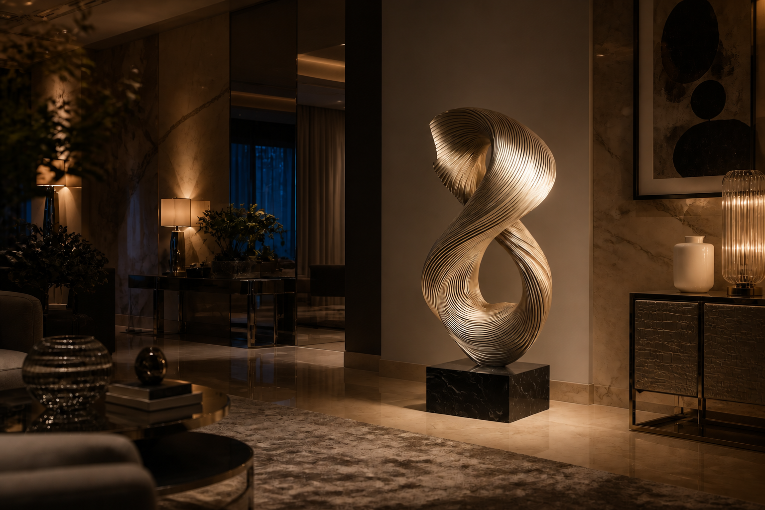 Tarazed — Stainless steel on Nero Marquina marble sculpture by 1-OPH