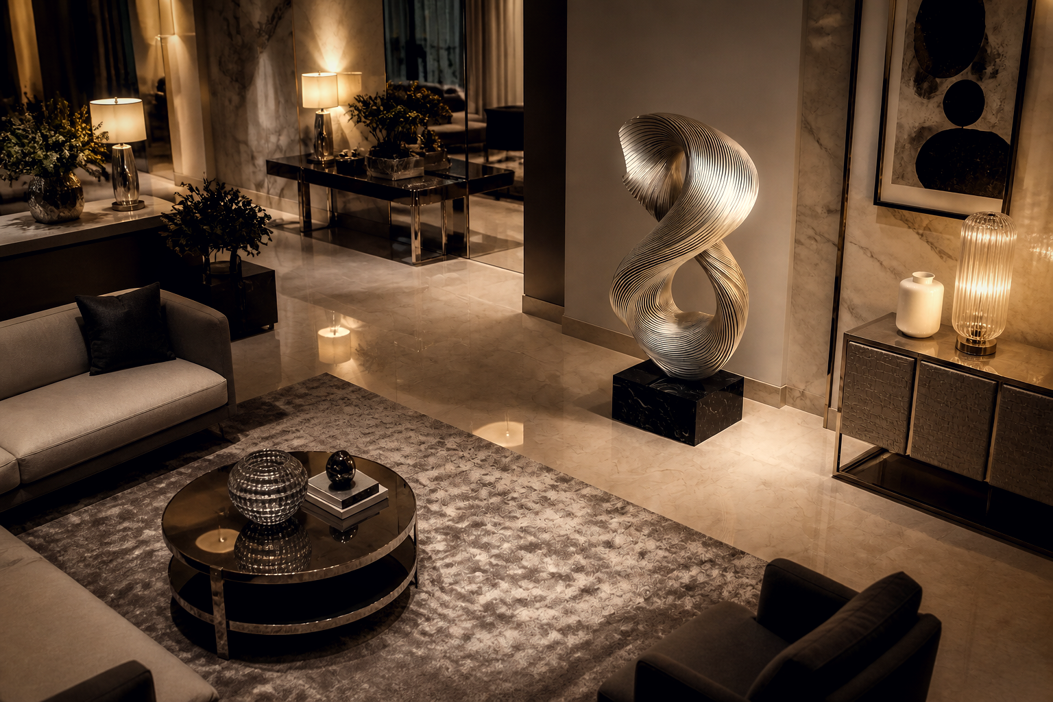 Tarazed — Stainless steel on Nero Marquina marble sculpture by 1-OPH