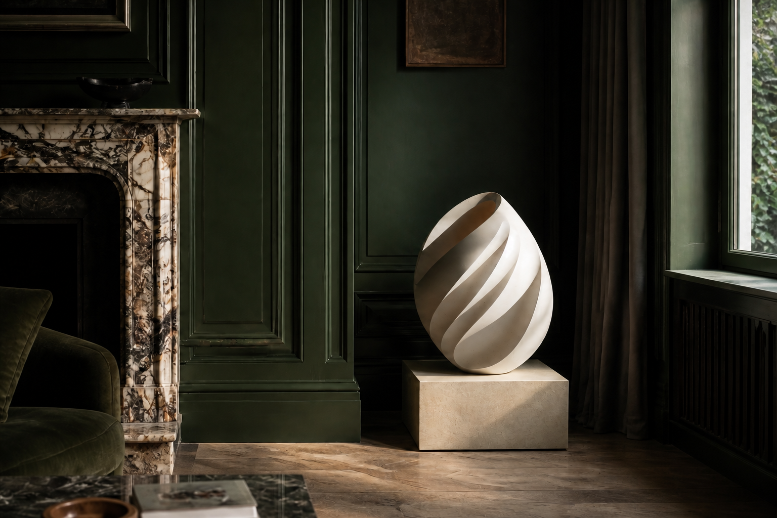 Neva — Limestone egg sculpture by 1-OPH