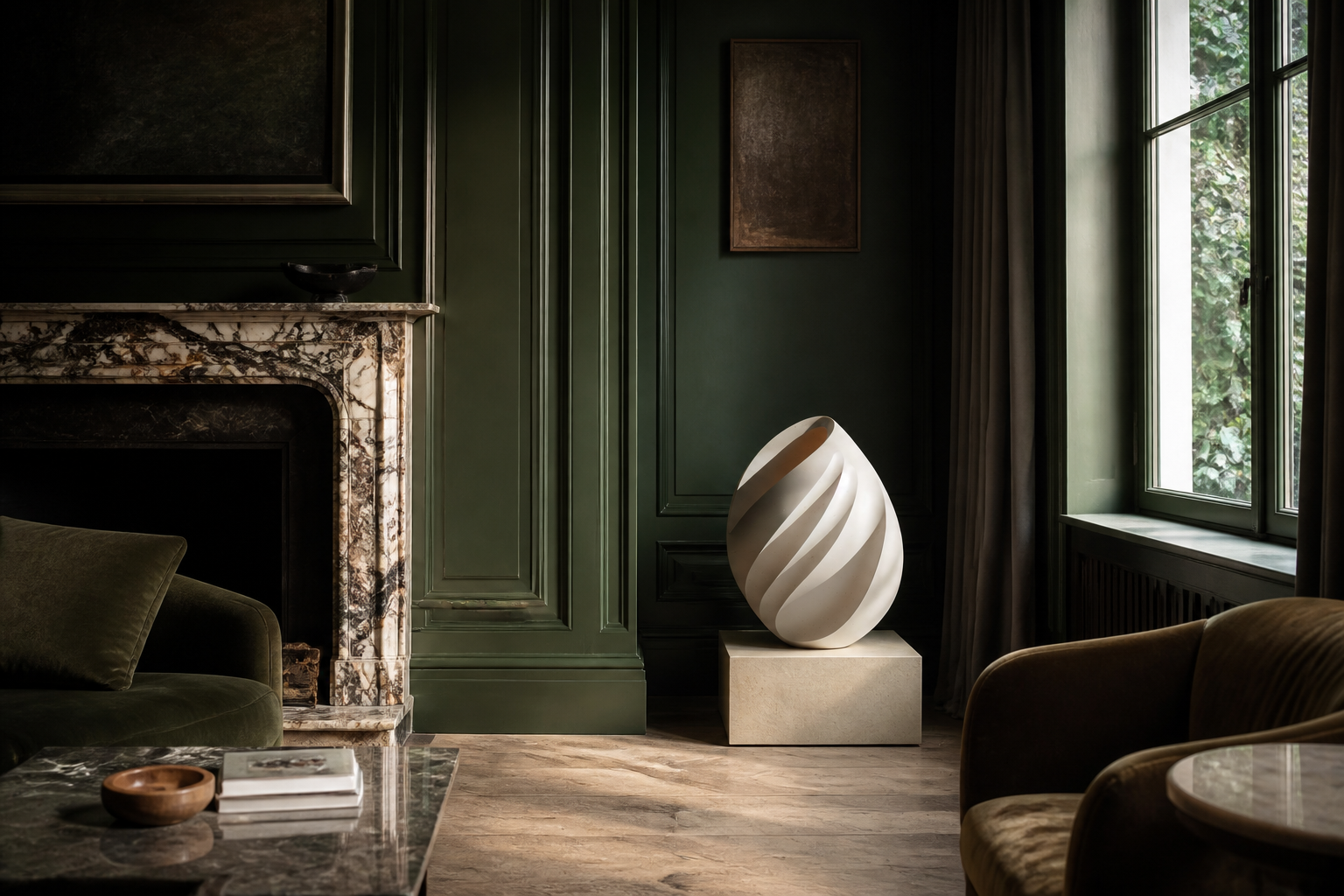 Neva — Limestone egg sculpture by 1-OPH