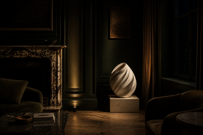 Neva — Limestone egg sculpture by 1-OPH