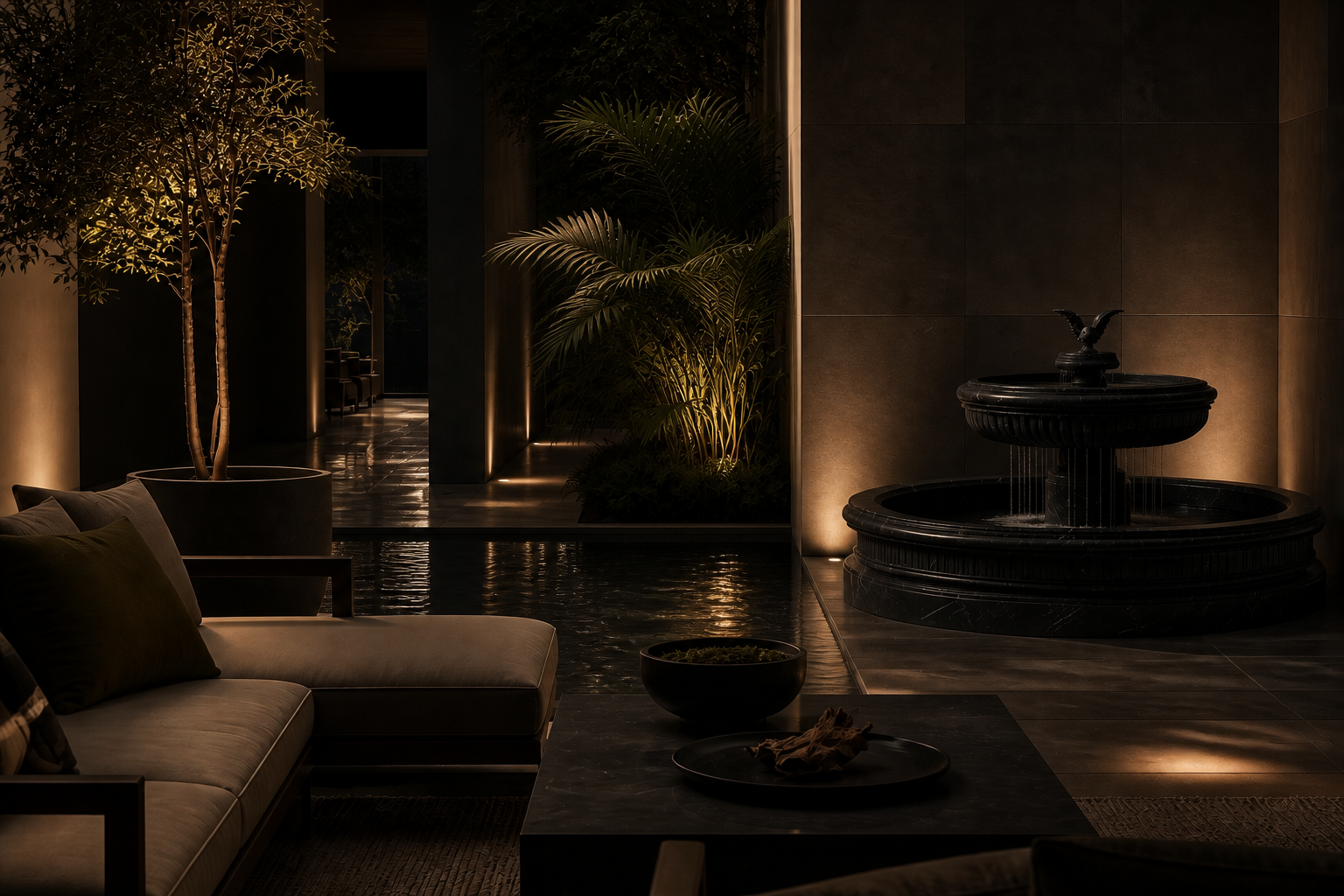 Cascata nero marquina marble tiered fountain by 1-OPH, in a Dubai courtyard setting
