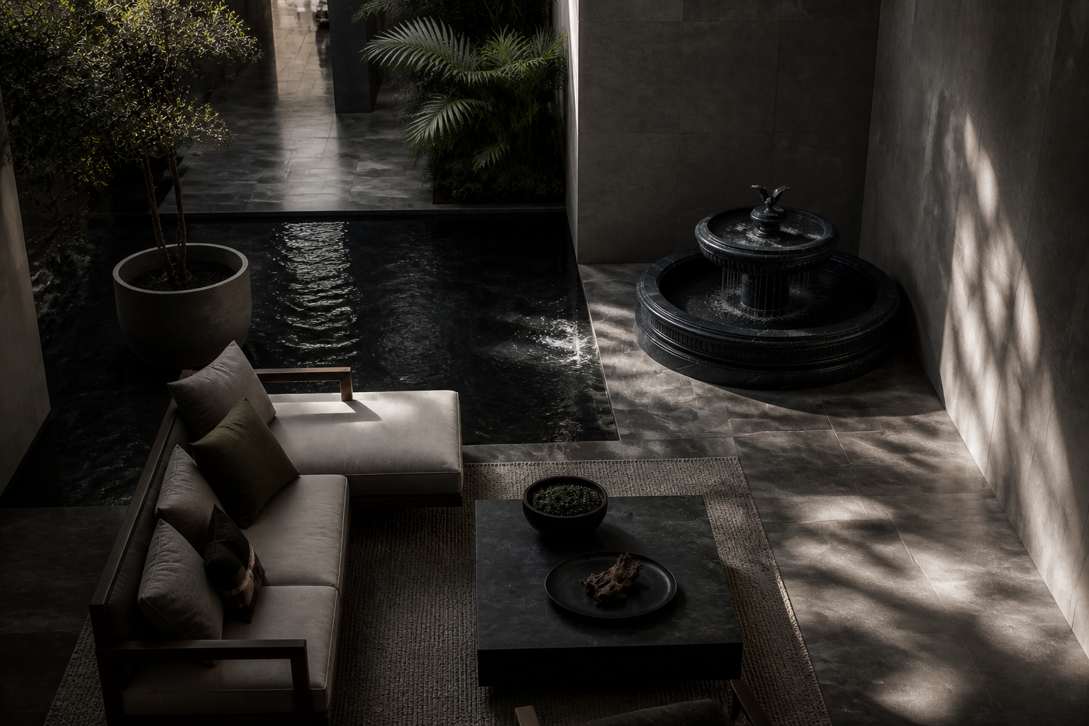 Cascata nero marquina marble tiered fountain by 1-OPH, in a Dubai courtyard setting
