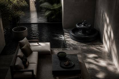 Cascata nero marquina marble tiered fountain by 1-OPH, in a Dubai courtyard setting
