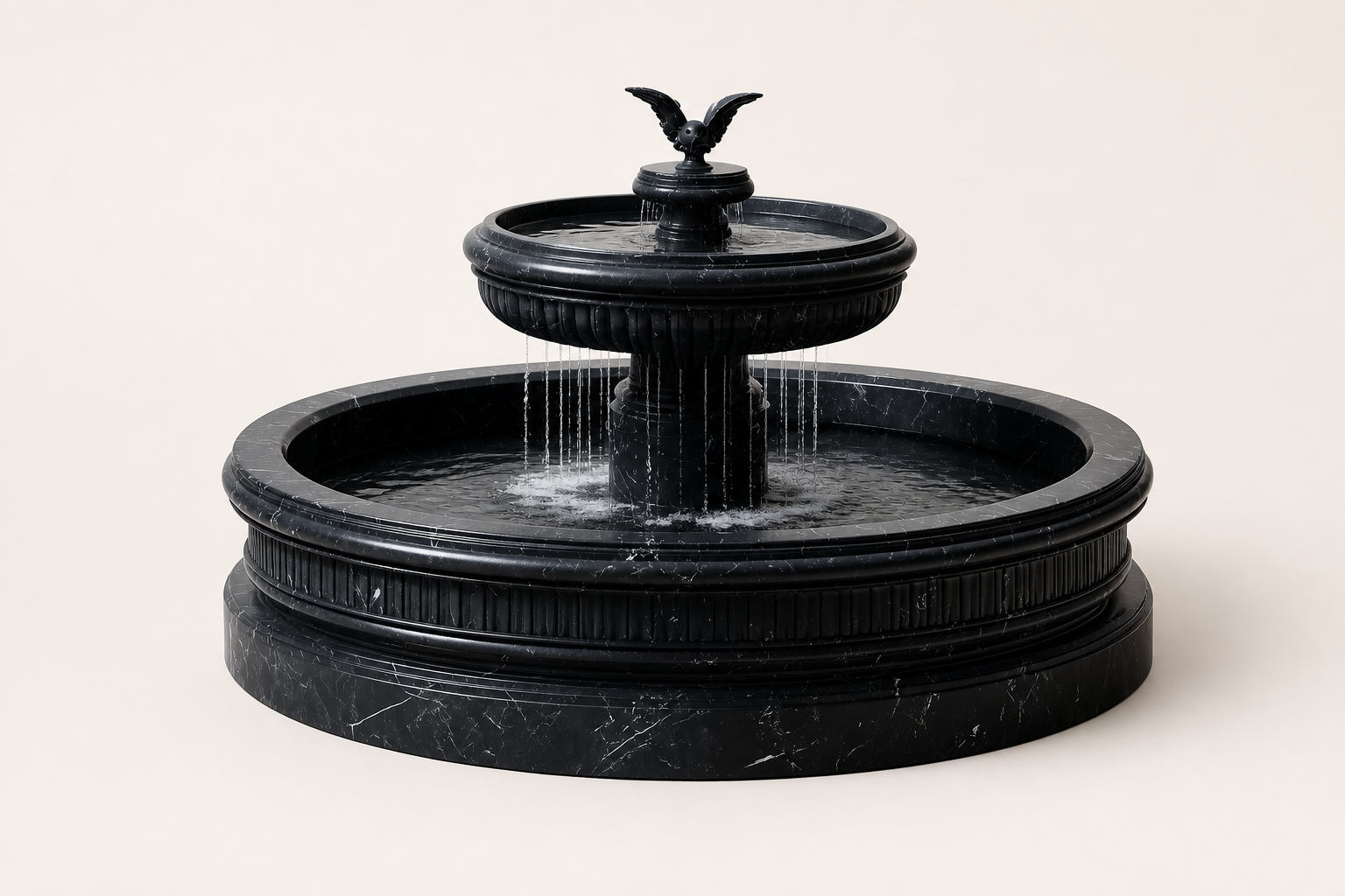 Cascata nero marquina marble tiered fountain by 1-OPH, in a Dubai courtyard setting