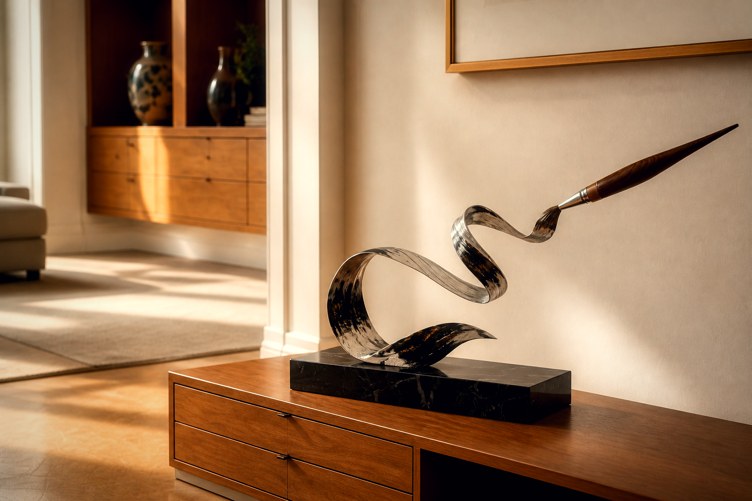 Elnath — Stainless steel and wood on Nero Marquina marble sculpture by 1-OPH
